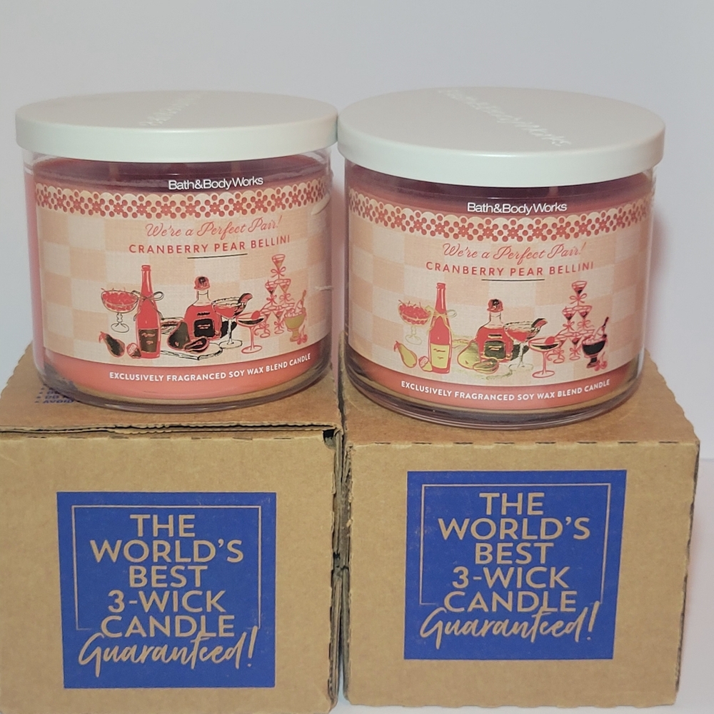 2 Pack Bath & Body Works Cranberry Pear Bellini 3 Wick Candle Bundle